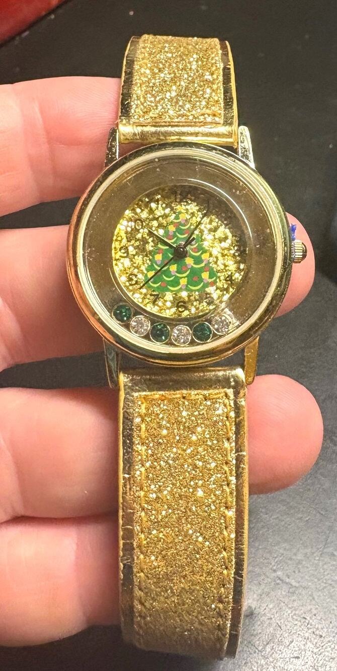 Women's 32mm Gold Tone Christmas Tree Watch, Tree Center, Sparle Band